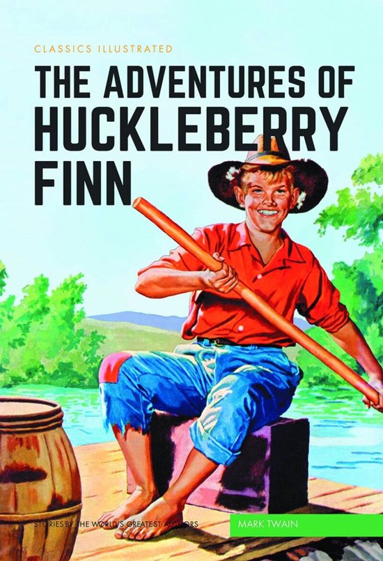 Klassieke illustraties, De avonturen van Huckleberry Finn, door Mark Twain. Een jongen in een hoed en rode blouse, zittend op een kist met een stok.