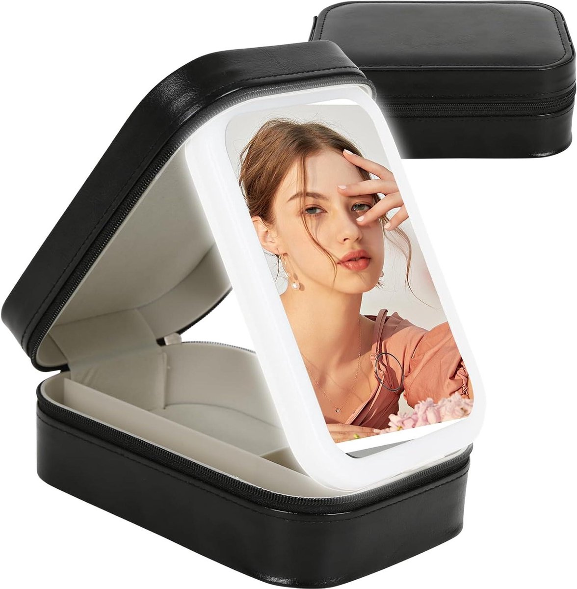 Cosensi - Reis cosmeticakoffer met organizer en LED-licht, zwart met spiegel.