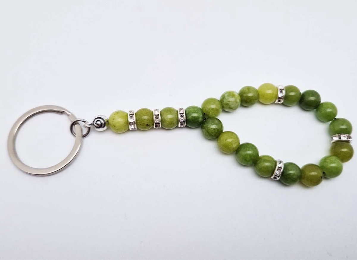 Handgemaakte Tasbih sleutelhanger van natuursteen "Kraal Koreaanse Jade" en metaal - diameter kralen 8mm - Aantal stenen 20 - Een mooi cadeau-idee en een bijzonder aandenken