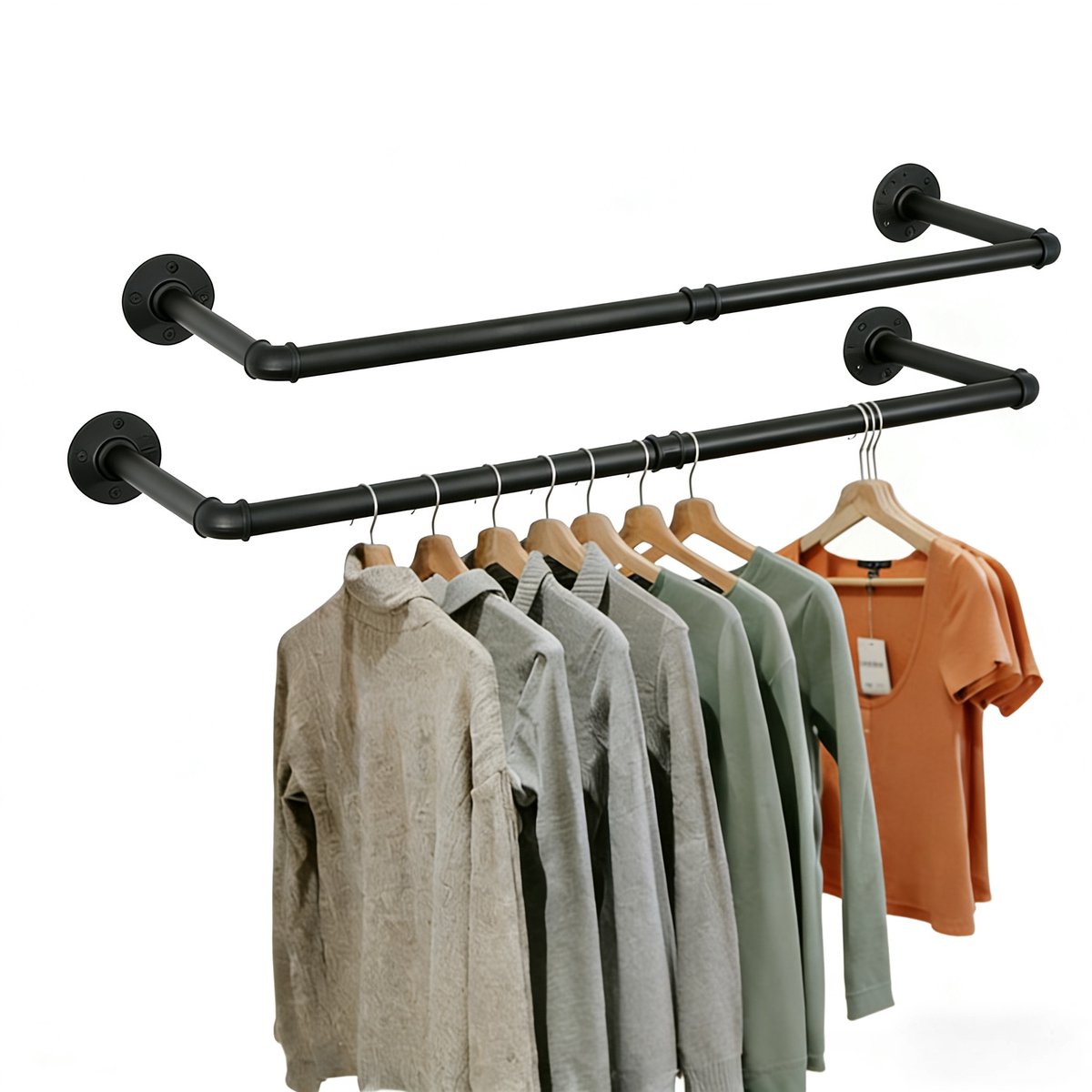 unho Kledingstang Set van 2 – Industrieel Kledingrek aan de Muur – Garderobestang Metaal Zwart – Wandmontage Hangrek – 92 cm Kledingroede – Ruimtebesparend Wandrek