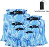Set van zes blauwe camouflage dry bags met zwarte sluiting, in verschillende maten.