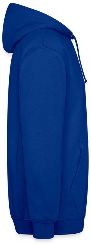 Blauwe hoodie met capuchon en trekkoord, van opzij gezien.
