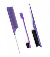 Paars kammenset en edge brush – 3 delige unisex haar kam met puntstaart en styling borstels – kunststof kammenset voor precisie styling en baby hair verzorging