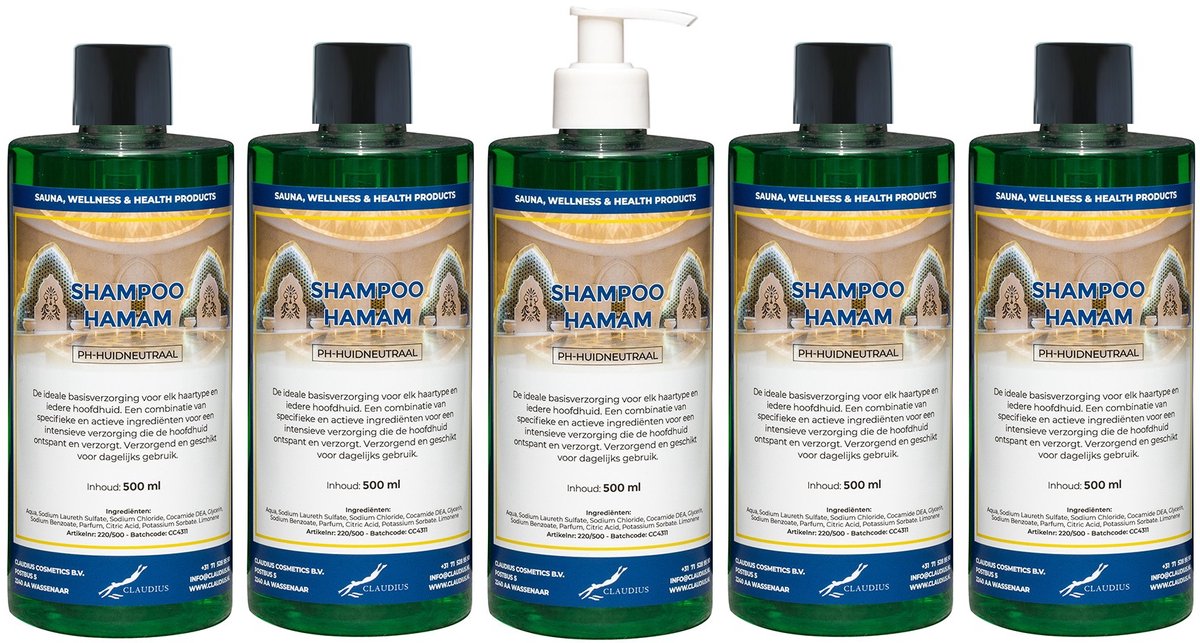Shampoo Hamam 500 ml met witte pomp - set van 5 stuks - voordeelverpakking - haarverzorging
