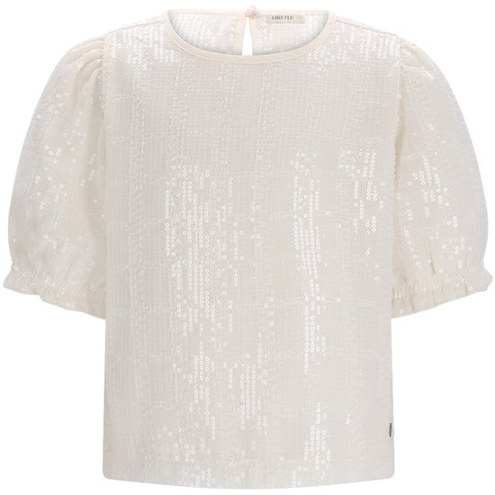 Crème, korte mouwen blouse met pailletten en ronde hals, met ruches bij de mouwen.