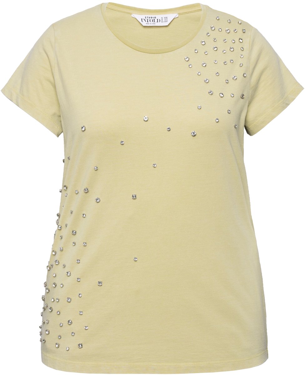 Studio Untold - Dames - T-shirt classic shape vintage look strass - Lindegroen - Maat 54+