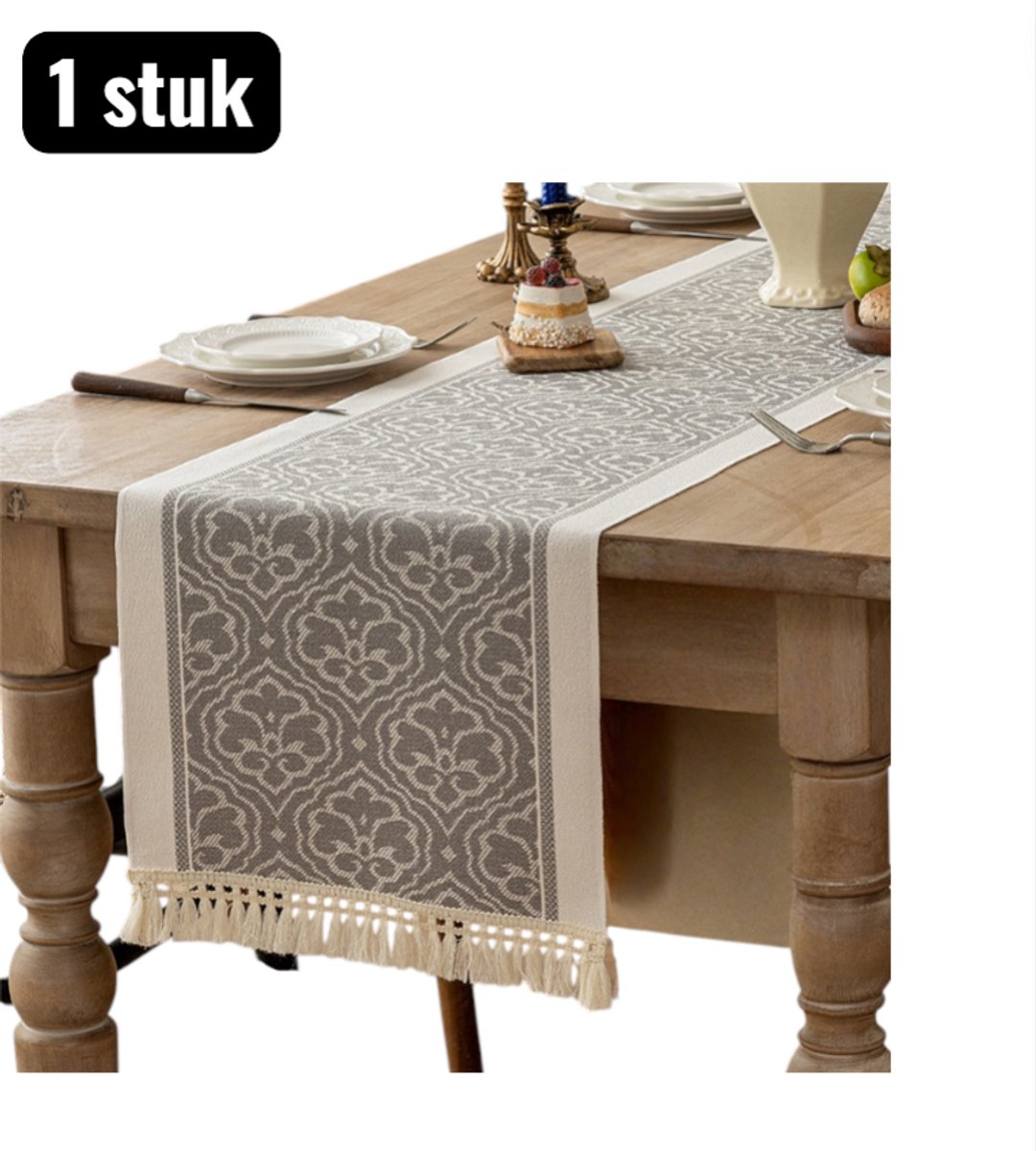 1 stuk - Tafelloper - Tabel loper - TV Meubel Beschermer - Lange Tafelkleed in Katoen Look Stijl - 350x35cm - Lange tafeldecoratie- Katoen Linnen Look - Bloemenpatroon - Grijs