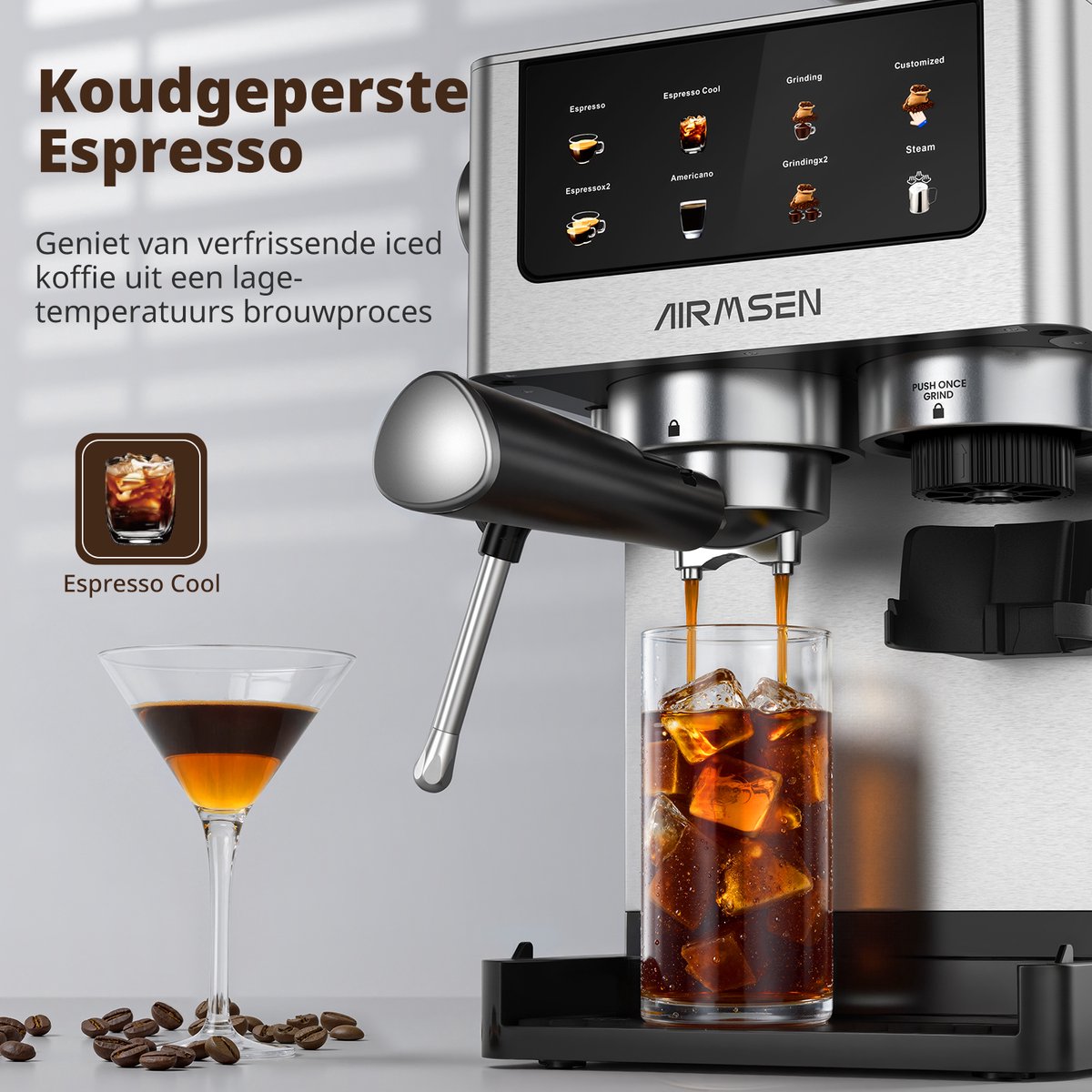 AIRMSEN Espressomachine - Met Ingebouwde Bonenmaler - 20 Bar - Stoomstaf - RVS - Touchscreen - Americano & Latte - Zilver — afbeelding 7