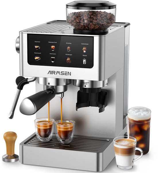 AIRMSEN Volautomatische Espressomachine - Met Bonenmaler & Stoompijpje - 20 Bar - RVS - Touchscreen - Voor Espresso, Americano & Cold Brew