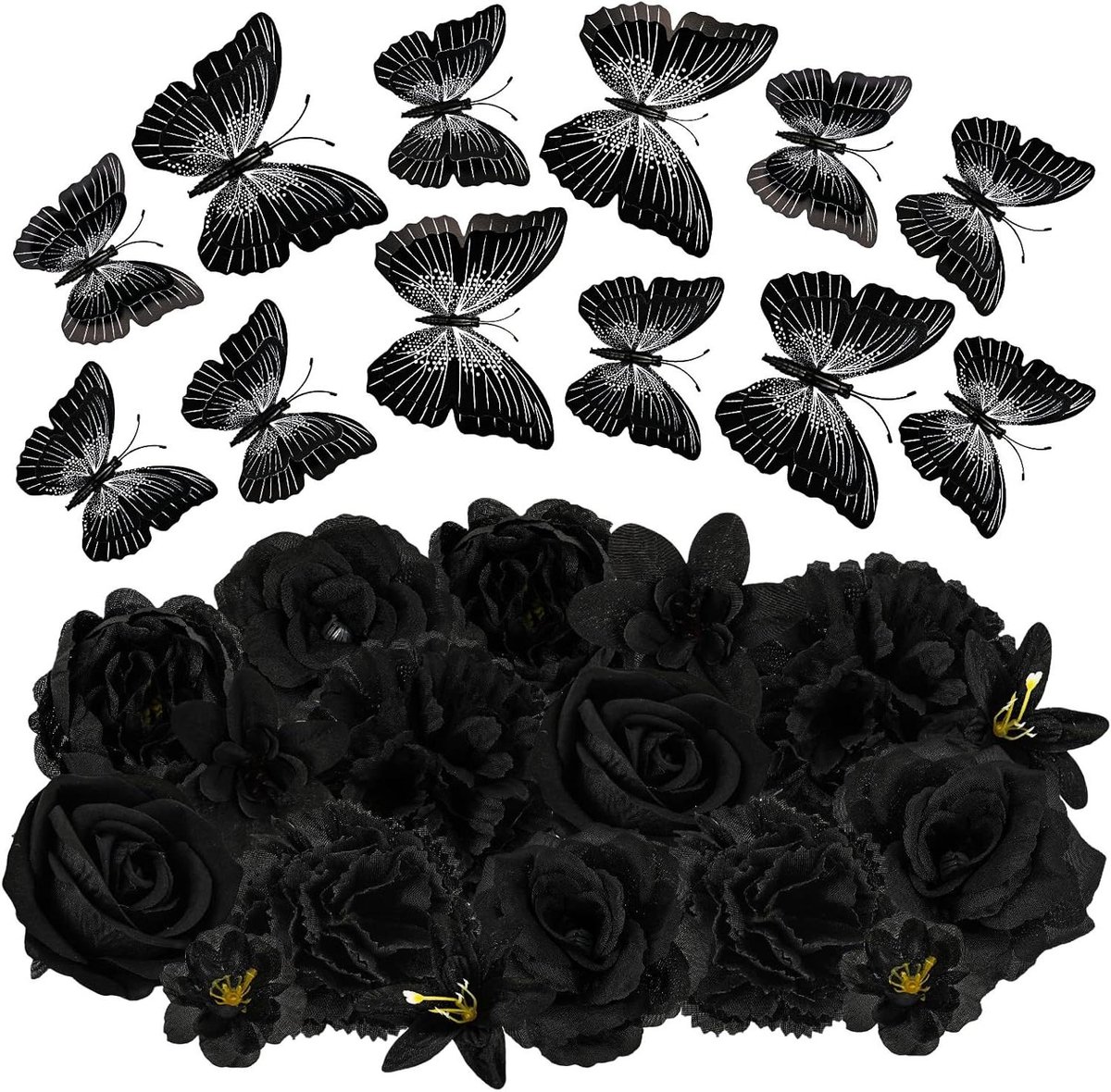 Cosensi Kunstbloemen en 3D-vlinders mix zwart - 28 stuks, knutselwerk, krans, boeketten, bruiloft, feest Any