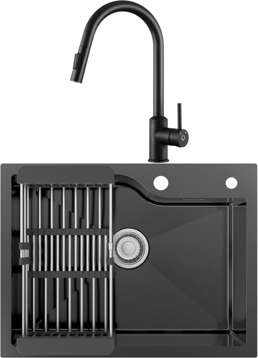 Anycee MAX Spoelbak Keuken 60x45CM - Spoelbakken met Afdruiprek - Enkele spoelbak Met Keukenkraan - Incl. Sifon en Afvoerzeefje - Antraciet