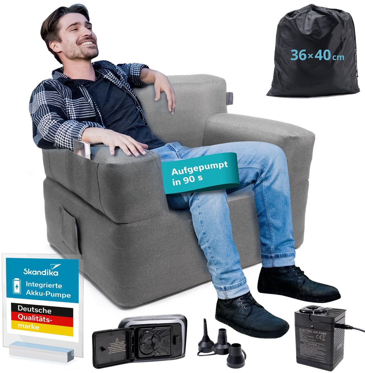 Skandika Easy Air Premium Single Opblaasbare bank - voor 1 persoon, met elektrische pomp, USB-C oplaadkabel, 200 kg belastbaar, draagtas, luchtbank, stoel, camping, balkon, terras, outdoor