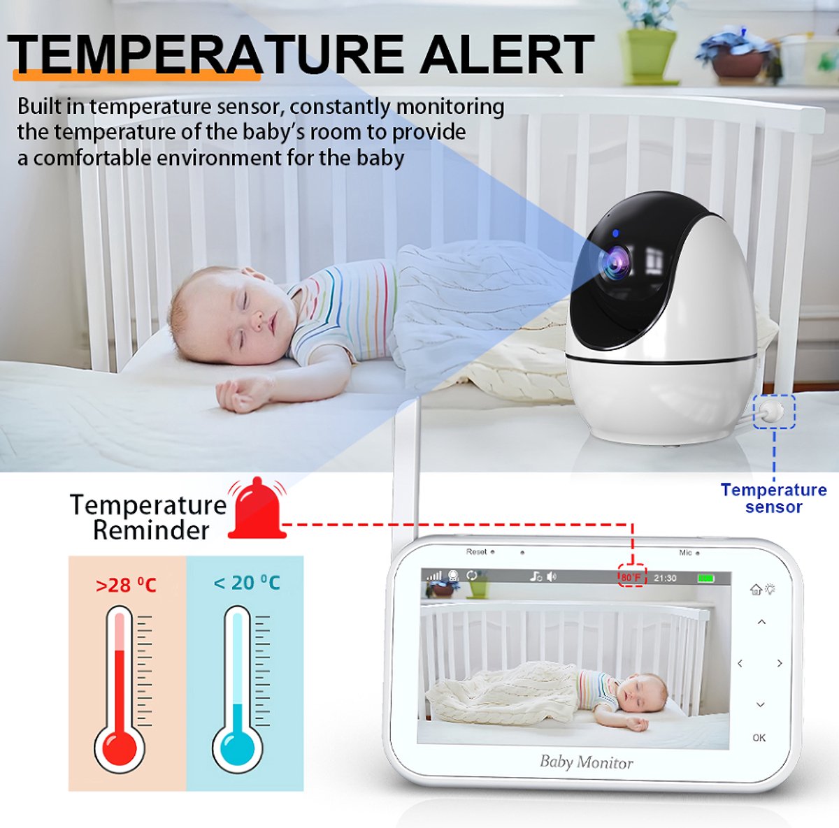 Namajunas - Babyfoon met camera - Baby monitor - Baby camera - 4.3 inch IPS-scherm - Full HD Resolutie - Temperatuursensor - Nachtlampje - Nachtzicht - Video Opname Met uw SD kaart - Zonder Wifi en App - PTZ, VOX-modus, Tweewegs-audio, 8 slaapliedjes – foto 6