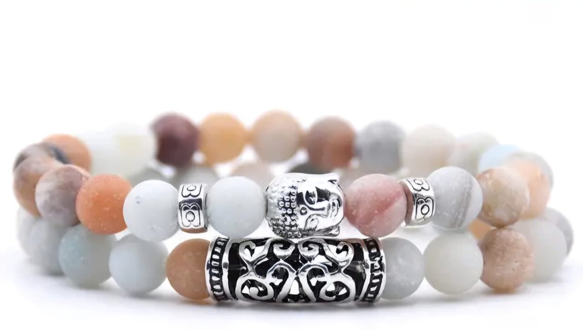 S4H® Buddha Armband 8mm – Amazoniet & Natuursteen – Boeddha Bracelet – Innerlijke Rust & Balans – Unisex – Handgemaakt – Set van 2