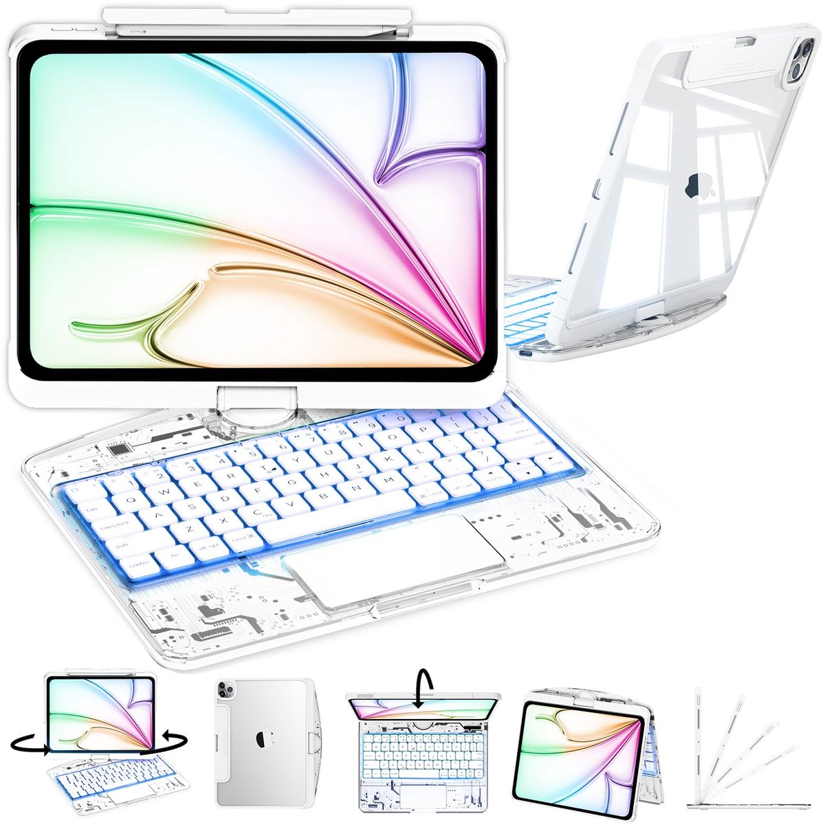 Namajunas - Tablet toetsenbord - Toetsenbordhoes geschikt voor iPad Air 13 inch (M3/M2) & iPad Pro 12,9 inch (2018-2022) - 7-kleuren achtergrondverlichting - 360° Draaibaar - Multi-Touch Trackpad - Penhouder - Cyberpunk-stijl - Case
