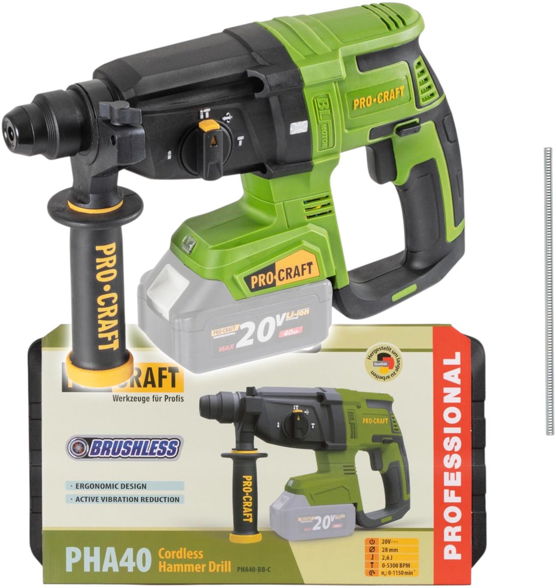 Procraft PHA40bb-c accu-boorhamer 20 V 2,6 J SDS plus borstelloos + koffer - zonder accu, zonder oplader