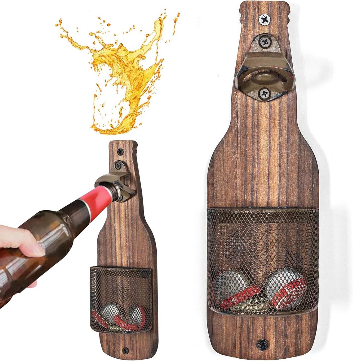 Cosensi - Flesopener wandmontage hout met dopvanger voor keuken en tuin - Creatieve bierchauffeur - Ideale biercadeaus - Thuisbaraccessoires