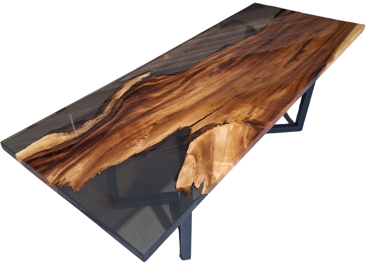 Hoexs Epoxy Tafel – 240x90cm - Houten Tafelblad – Boomstam Notenhout – Industrieel & Warm