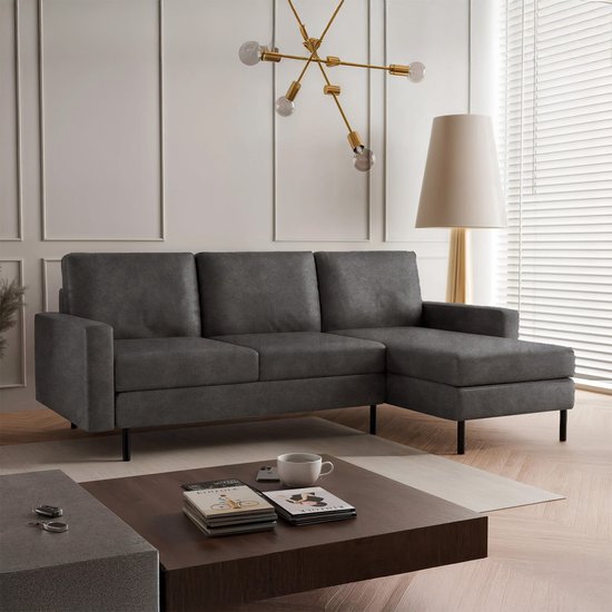 Canapé d'angle Hanneke - Look daim - Anthracite - Universel - Gauche ou droite - Siège d'angle - Canapé en L - Assise - Chaise longue - Aspect cuir - Eco-cuir - Disponible immédiatement - 3 places