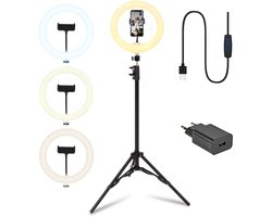 Infinity Goods Ring Light Met Statief - LED - 3 Kleuren - Verstelbaar Statief Tot 186m - Inclusief Stekker - Selfie Ringlight voor Tiktok / Instagram / Youtube / Streaming / Thuis Werken - Zwart