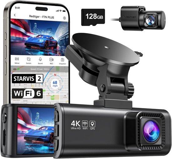 RedTiger F7NP Dual Dashcam voor auto - Ultra 4K & 1080P - Voor en Achter Camera - WiFi en GPS - 3,18 Inch met App - Sony Sensor - Dashcams - Parkeerbewaking - G Sensor - Loop opname - Full HD achter camera - Met 128GB SD Kaart