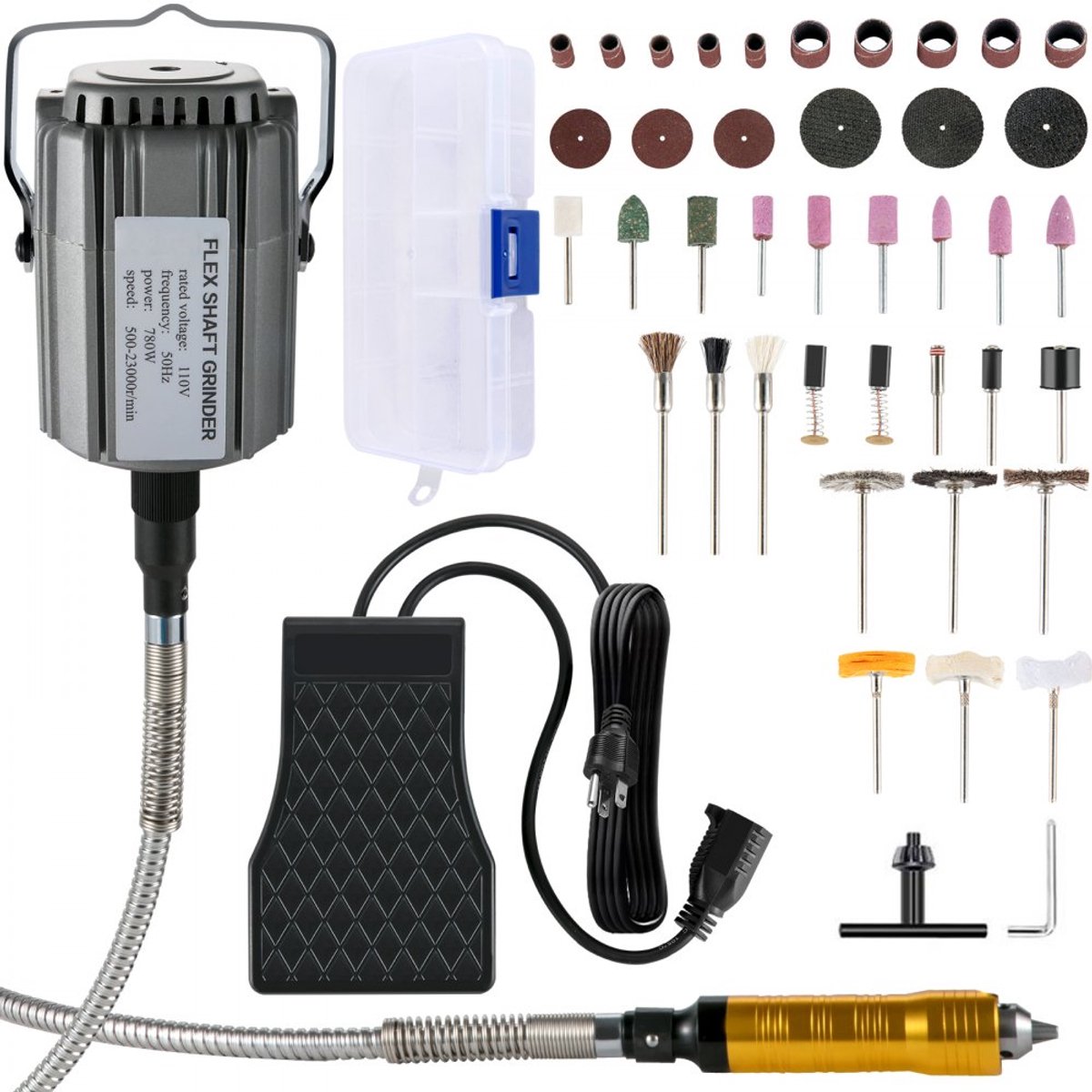 Hangslijpmachine - Flexibele As Hangmolen - Vermogen 780 W - Toerental 500–23.000 tpm - Drieklauw Boorkop 6,35 mm - Traploos Voetpedaal - Accessoireset 131‑Delig - Voor Sieraden