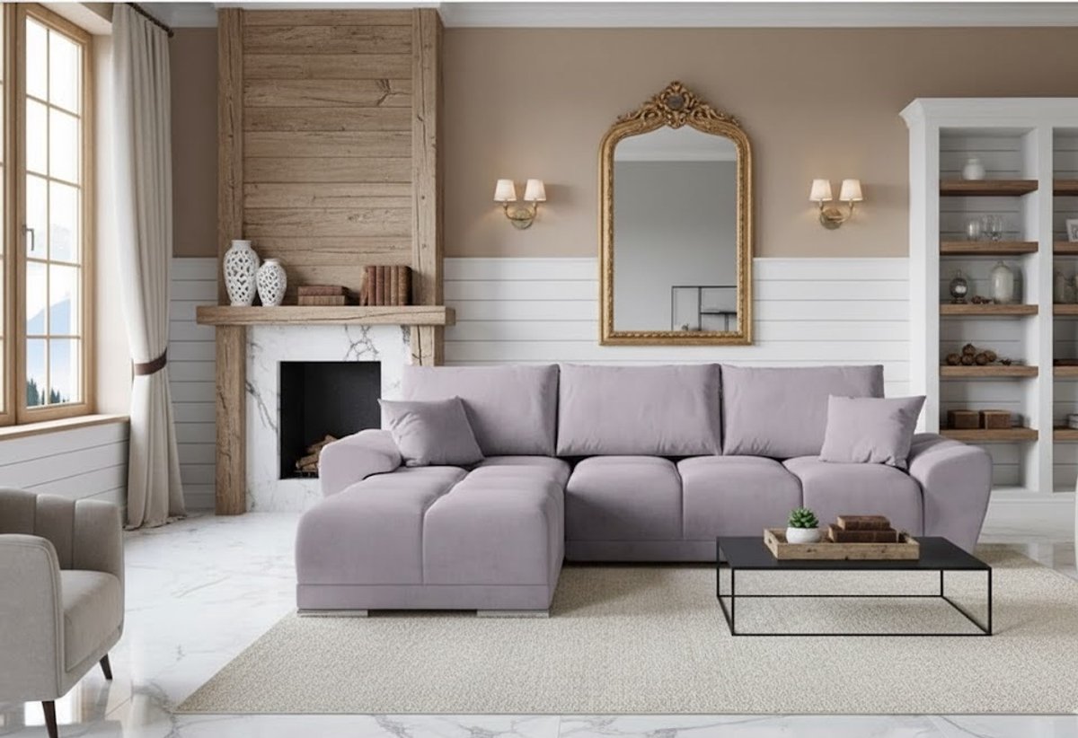 L-Vormige Fluwelen Hoekbank met Slaapfunctie en Opbergruimte – Luxe Uittrekbare Slaapbank 289x189 cm met Kussens – Comfortabele Hoekbank Bedfunctie in Paars – CollFeel Schuim – Ganeey