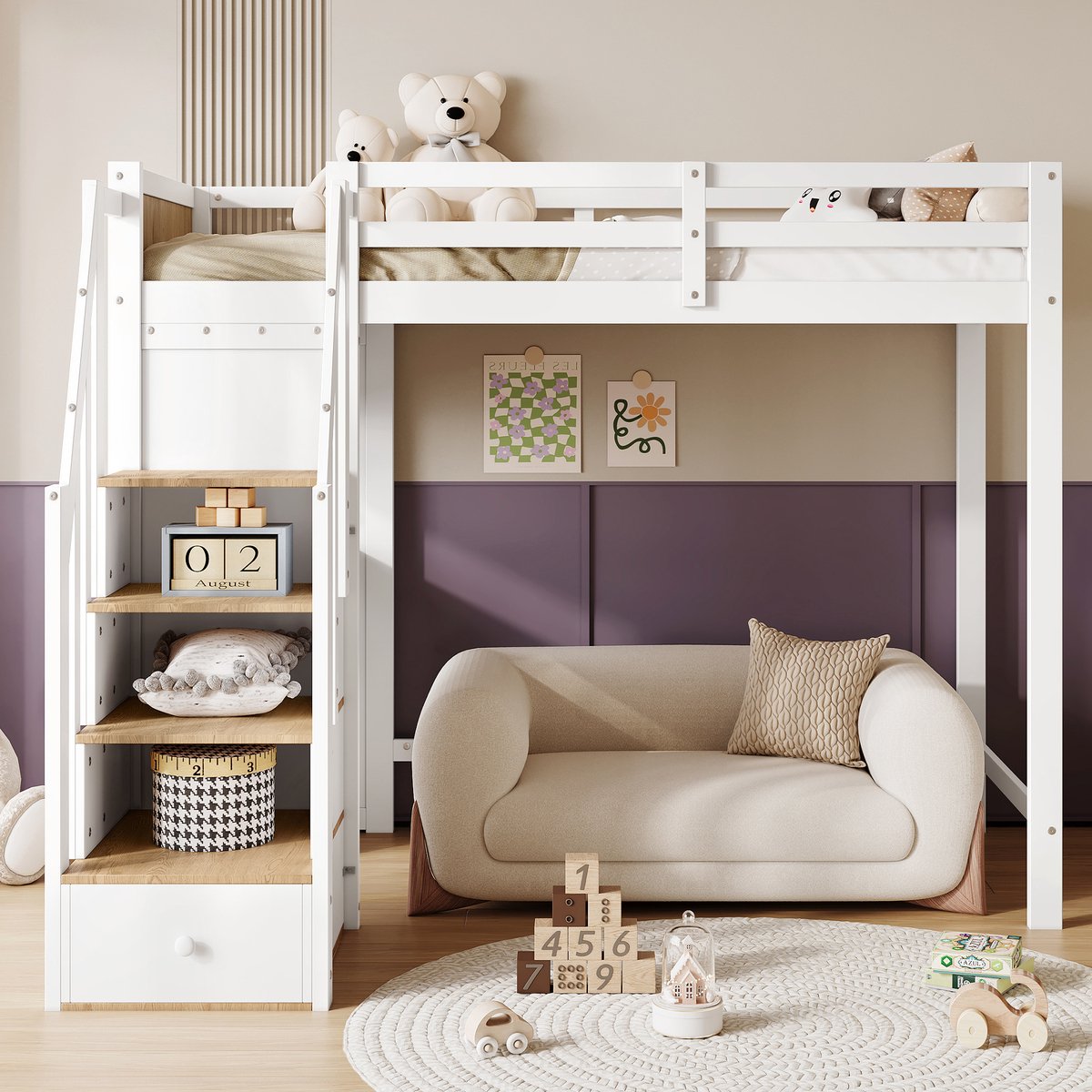MODFU Kinderstapelbed 90x200 cm – Met bureau & 3-laden – 4-traps hoekkast – Open opbergrek – Veiligheidsreling – Wit/naturel