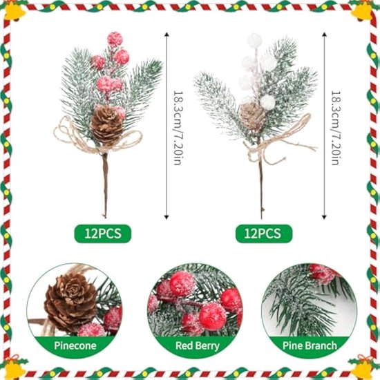 20 Stuks Kunstdennentakken Met Dennenappels En Rode Bessen - Kerstdecoratie Takken 11 Cm
