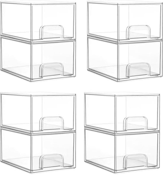 Vtopmart 4 stuks stapelbare opbergladen, 19 cm hoog, acryl organizer 32 anti-slip mat, opslag en organisatie voor dressoir, badkamer, cosmetica, keuken, voorraadkast