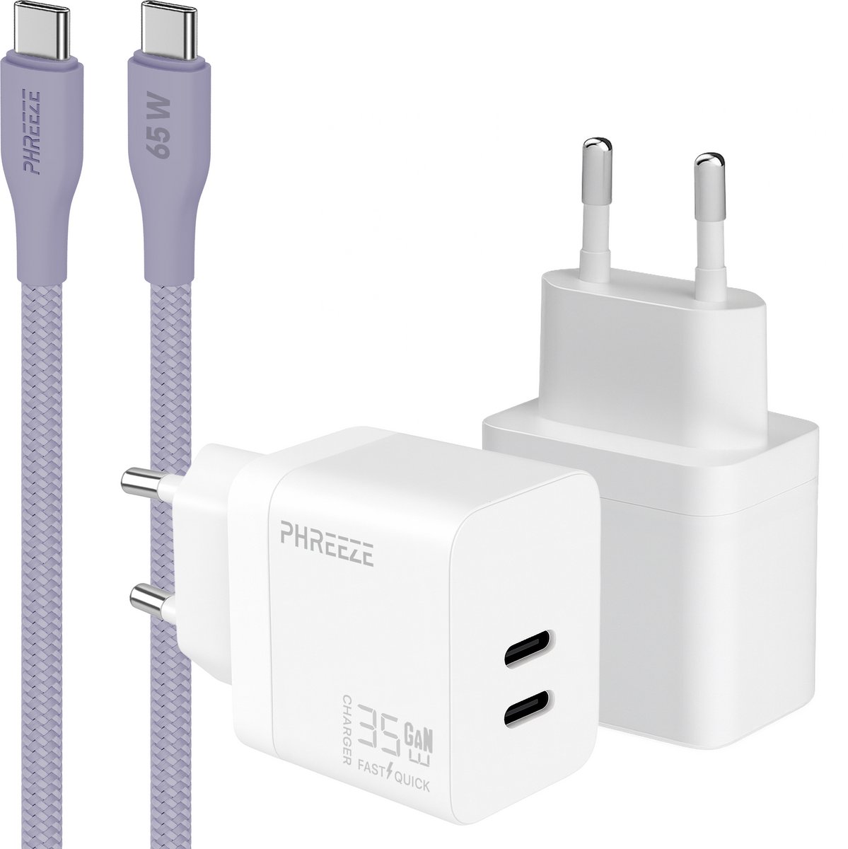 Phreeze usb C oplader 35 W - Power Delivery GaN snellader met 2 poorten + usb C kabel - S25 S24 S23 S22 en A55 A54 A53 Fold en Flip 5 6 7 - Super snelle oplader voor telefoon en tablet