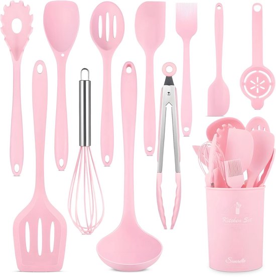 Set d'ustensiles de cuisine en Siliconen antiadhésif de 12 pièces avec Poignées en bois | Batterie de cuisine résistante à la chaleur avec cuisinière de stockage | Résistant aux rayures, sans BPA, antiadhésif et facile à nettoyer - Rose