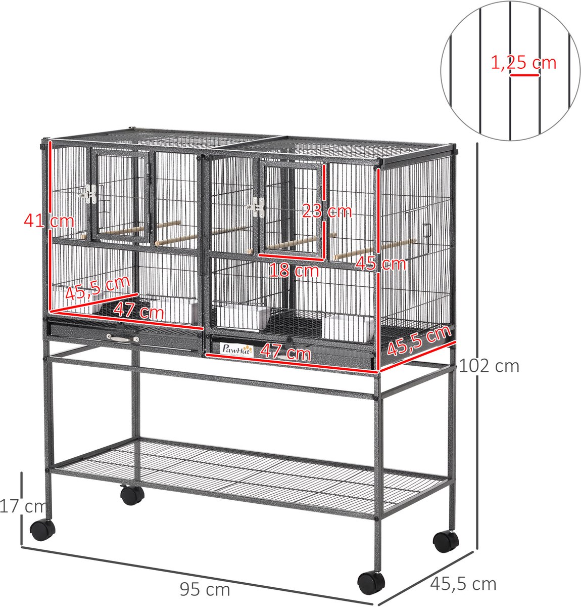 PawHut Vogelkooi - Metaal - 95x45,5x102cm - Grijs, Zwart thumbnail 5