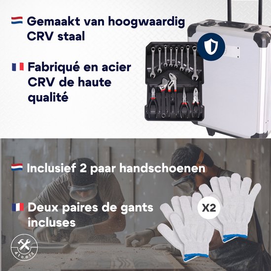 Gereedschapskoffer met sleutels en informatie over CRV-staal en meegeleverde handschoenen.