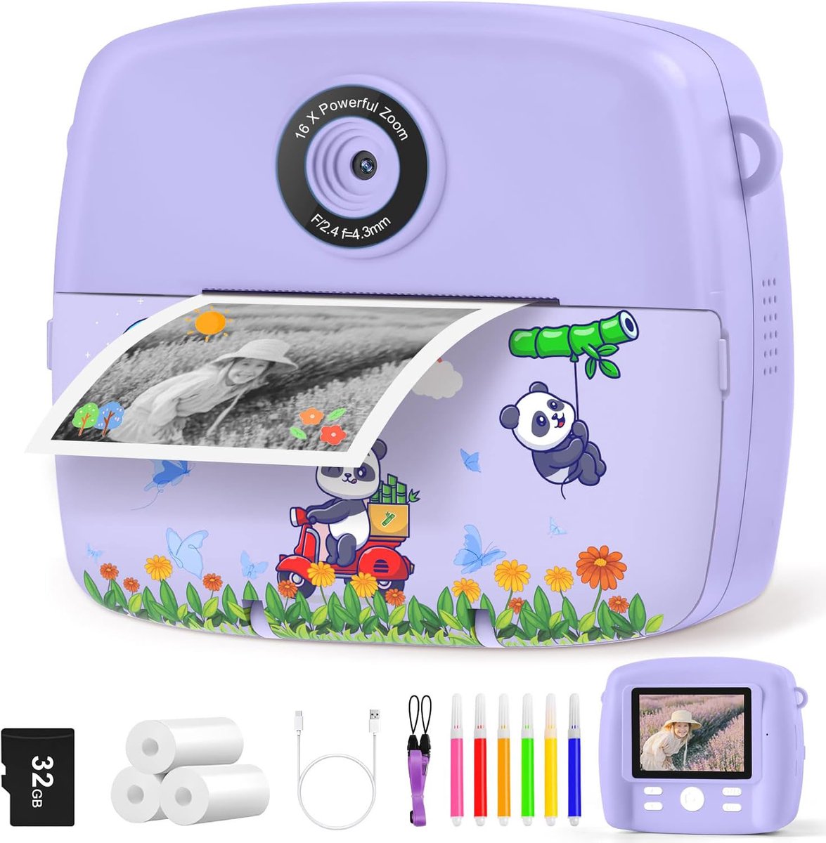 Instant Kinder Camera - Digitale Fotocamera 1080P HD - Inclusief 32GB Geheugenkaart en 3 Rollen Printpapier - Creatief Cadeau voor Jongens en Meisjes 3-12 Jaar - Paars - Feest, Verjaardag en Speelgoed