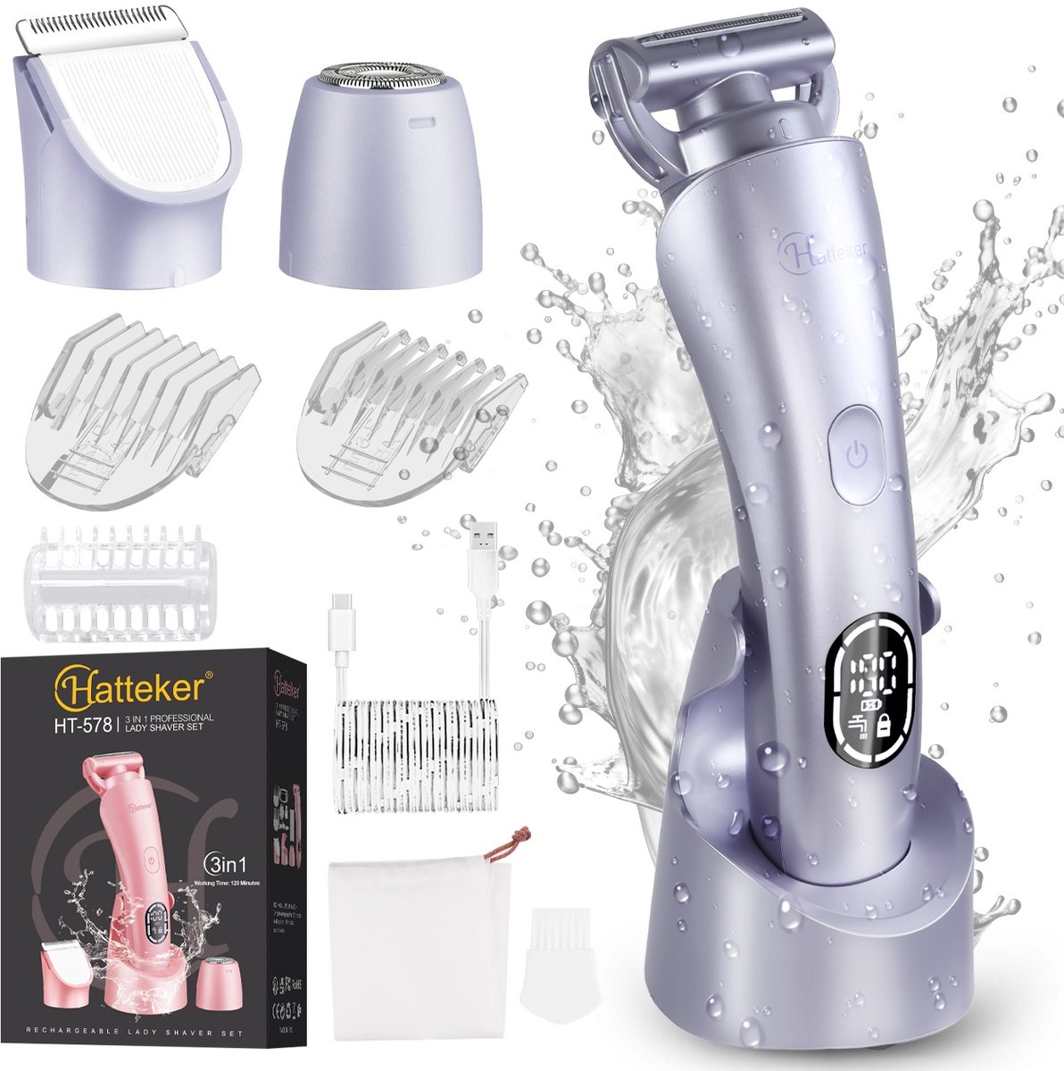 Hatteker 3-in-1 Ladyshave voor Vrouwen – Dames Scheerapparaat – Epileerapparaat – Trimmer voor Benen, Bikinilijn en Oksels – Epilator – Waterdicht IPX7 – Paarse