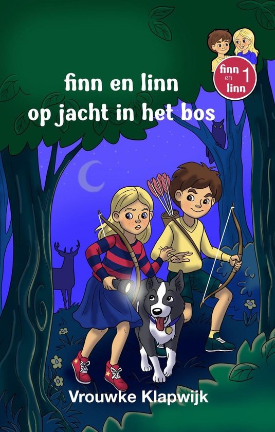 Finn en Linn op jacht in het bos, een kinderboek met illustraties van twee kinderen en een hond in een bos.