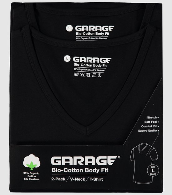 Zwarte 2-pack V-hals T-shirts van biologisch katoen, in verpakking.