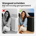 Vrolijke vrouw naast een zwarte wasmand met deksel; hiernaast een grijze foto van een verdrietige vrouw bij een witte wasmand.