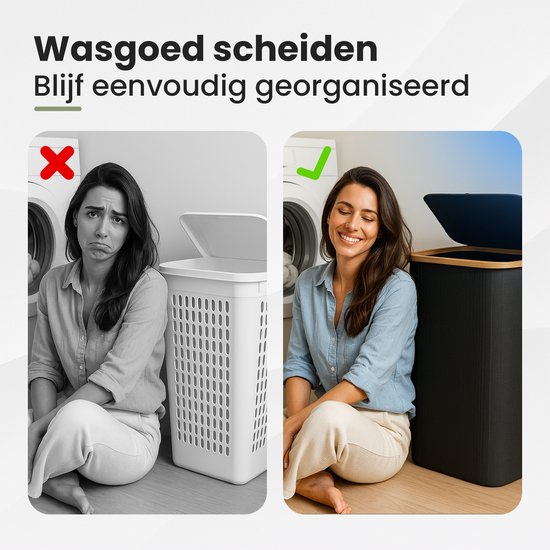 Vrolijke vrouw naast een zwarte wasmand met deksel; hiernaast een grijze foto van een verdrietige vrouw bij een witte wasmand.