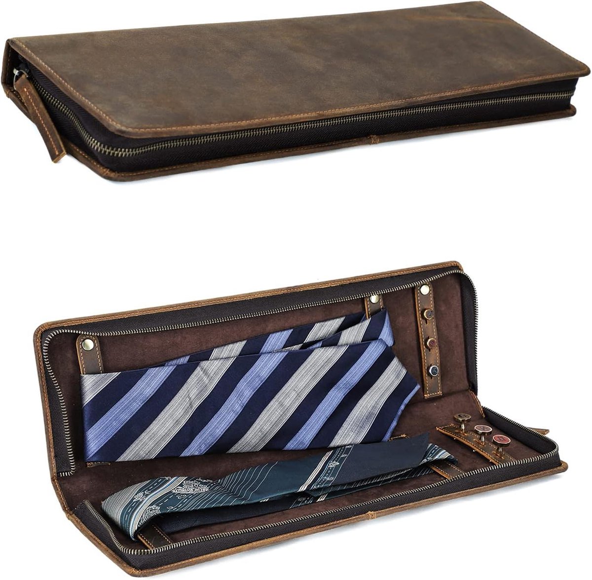 EGoods - Opbergdoos voor Ties van Echt Leer - Draagbare Tie Organizer voor Zakelijke Reizigers - Opbergkoffer - Koffiekleurig - Geschikt voor 2 Ties