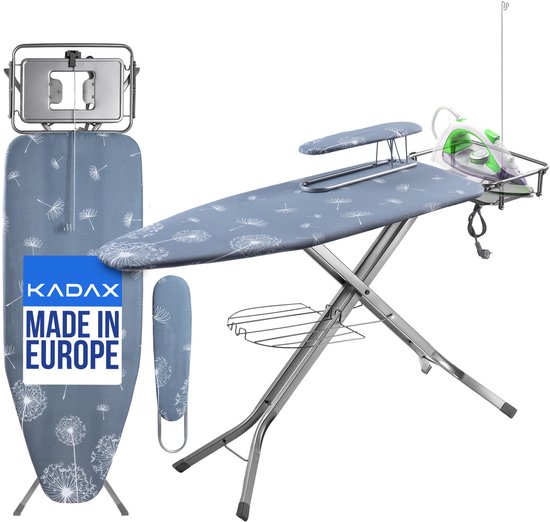 Planche à repasser à motif floral, fer à repasser et support de planche, avec logo 'KADAX MADE IN EUROPE'.