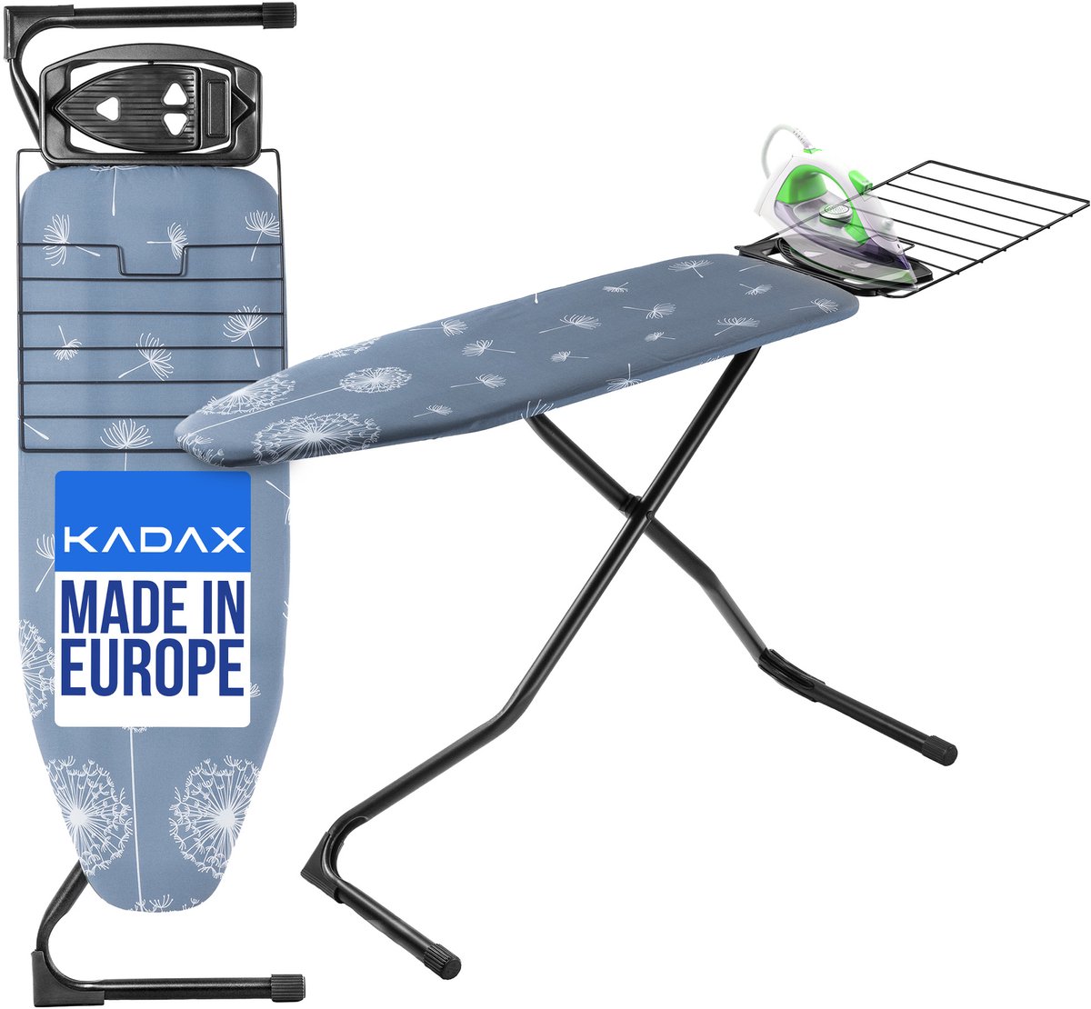 KADAX Strijkplank met uittrekbaar vak, 120 x 42 cm, strijkplank, stoomstrijkplank met verstelbare hoogte, strijkplank met antislipvoetjes (donkerblauw)