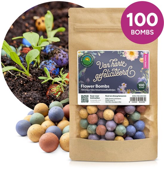 Flower Bombs - Zaadbommen mix - Van harte gefeliciteerd! - 100 stuks - Biologische wilde bloemzaden - Handgemaakte bloembommetjes - Leuk cadeau of relatiegeschenk