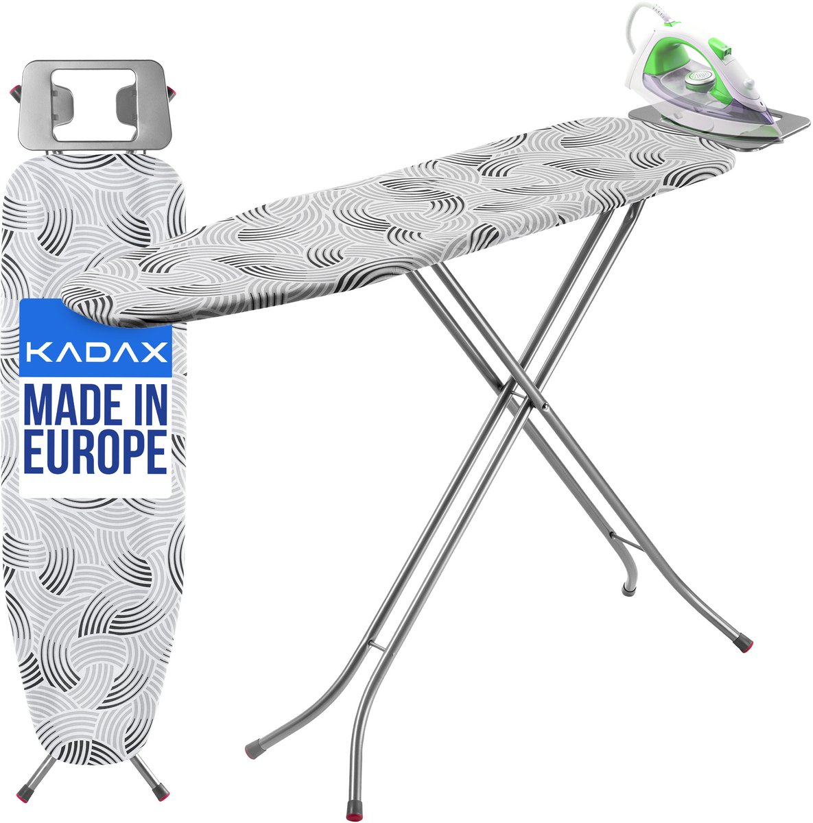 KADAX Opvouwbare strijkplank, 114 x 34 cm, stoomstrijkplank met metalen rooster, strijkijzerhouder en 5 mm bekleding, in hoogte verstelbaar, met antislipvoeten, Made in EU (grijs)