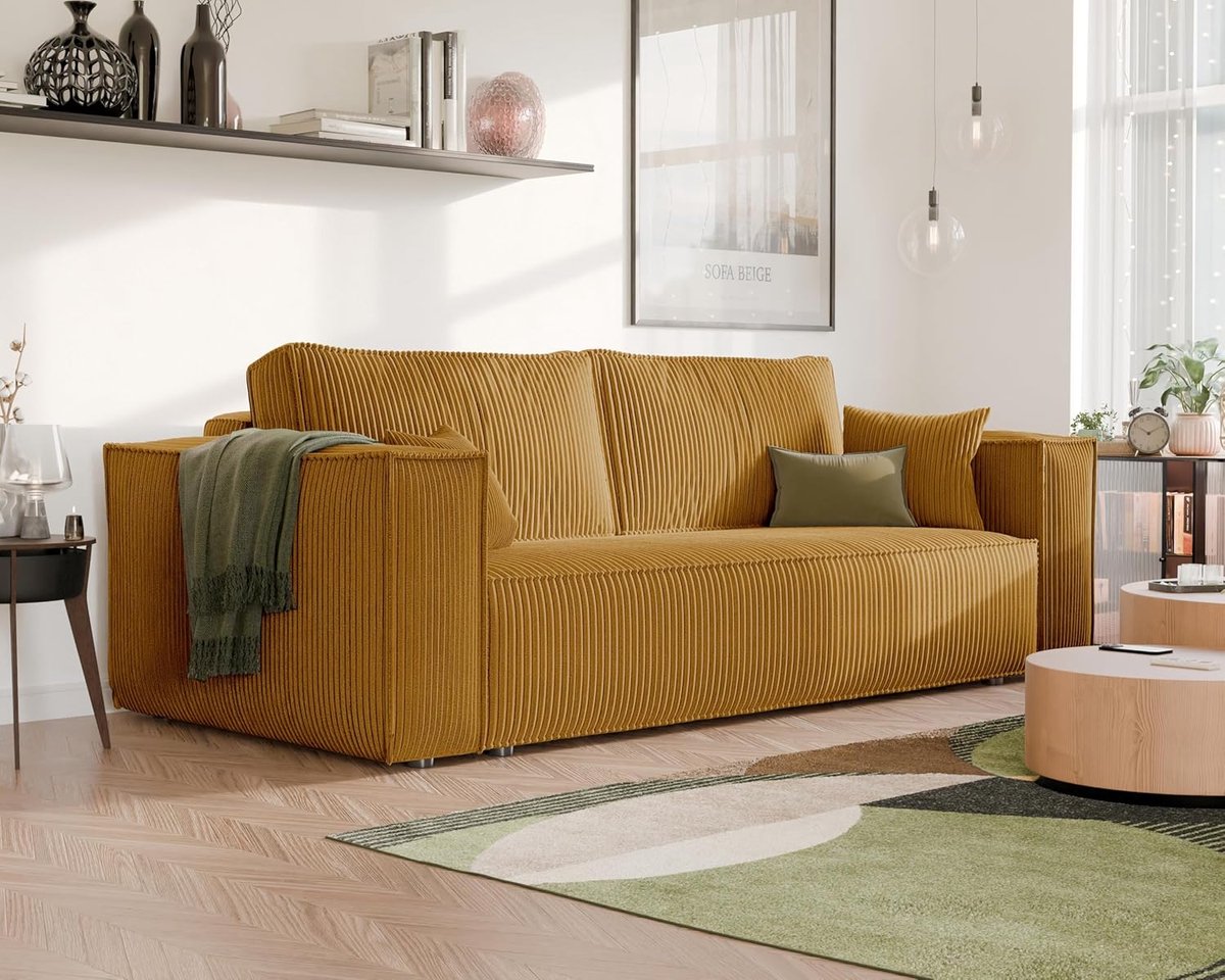 Slaapbank met Bedlade 3-Zits Modern Corduroy Mosterdgeel 255 cm – Luxe Uitschuifbare Bank met Slaapfunctie & Opbergruimte – Comfortabele Sofa voor Woonkamer of Logeerkamer – Ganeey