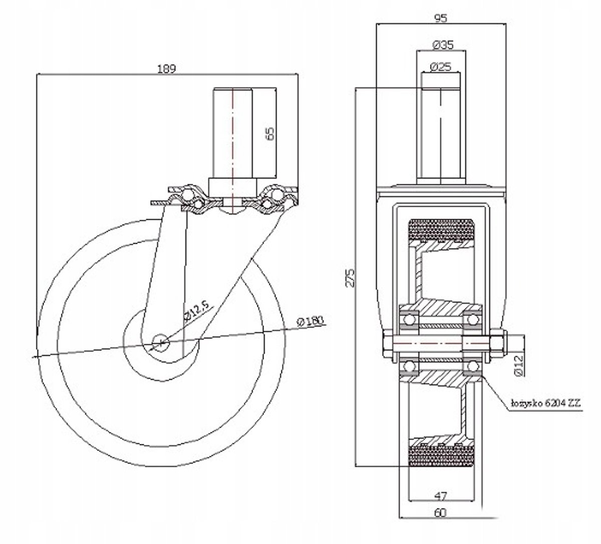 Aluminium-Polyurethaan Zwenkwiel met Pen, 200 kg