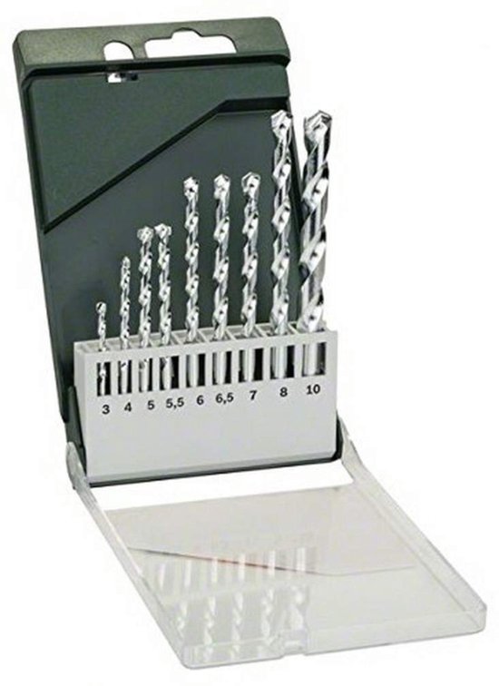 Set van 10 metalen boren in een grijze, open koffer met witte boorhouder. Maten 3 t/m 10.