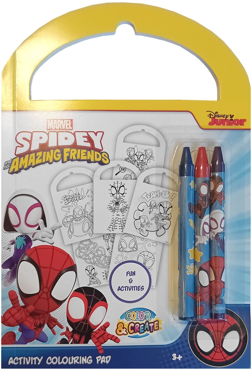 Marvel Spidey - Mini activiteiten boek - 5 kleurplaten - 5 puzzels - 10 blanco pagina's - 3 waskrijtjes in rood, zwart en blauw - 3+ - knutselen - superheld