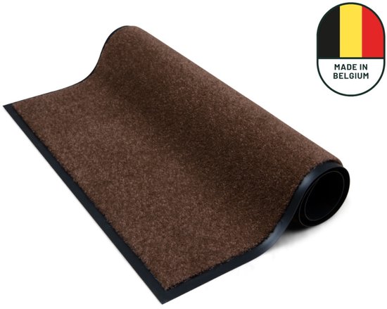 Bruine deurmat, opgerold, met zwarte rand. "Made in Belgium" logo.
